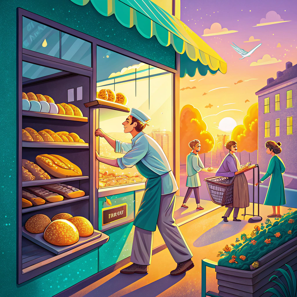 Illustration of a bakery shop with a baker arranging loaves of bread on shelves, customers shopping, and a cityscape at sunset