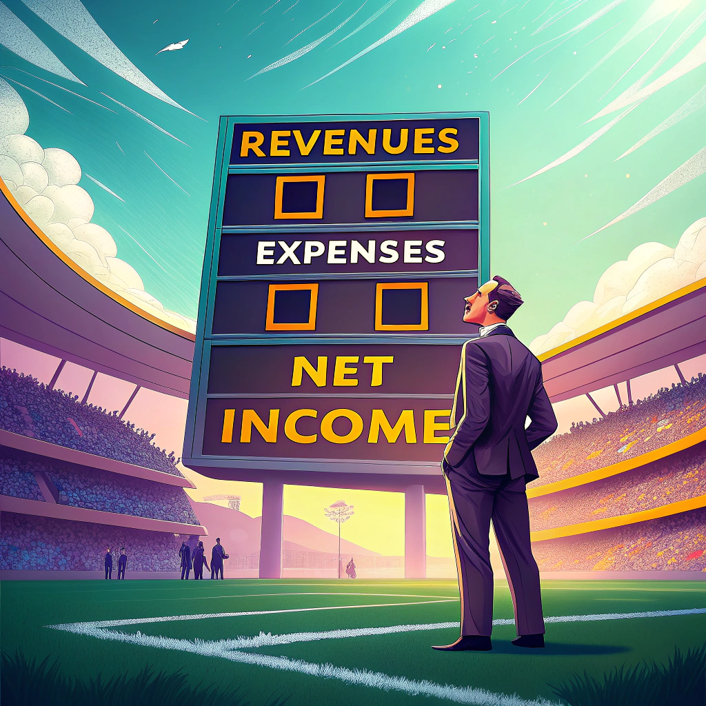 Illustration of a businessman looking at a large scoreboard in a stadium displaying Revenues, Expenses, and Net Income sections