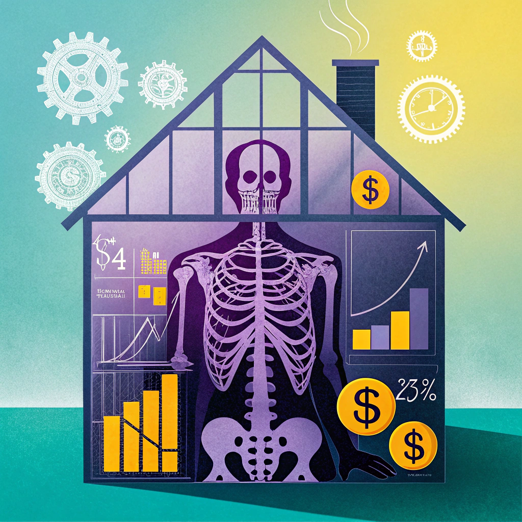 Illustrative diagram of a skeleton inside a house structure with financial icons representing income statement components