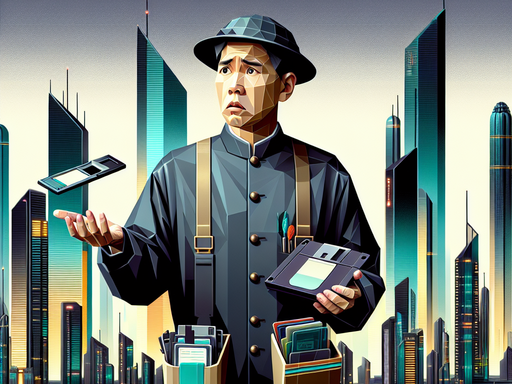 Illustration of a man in traditional attire juxtaposed with modern technological devices against a backdrop of futuristic cityscape