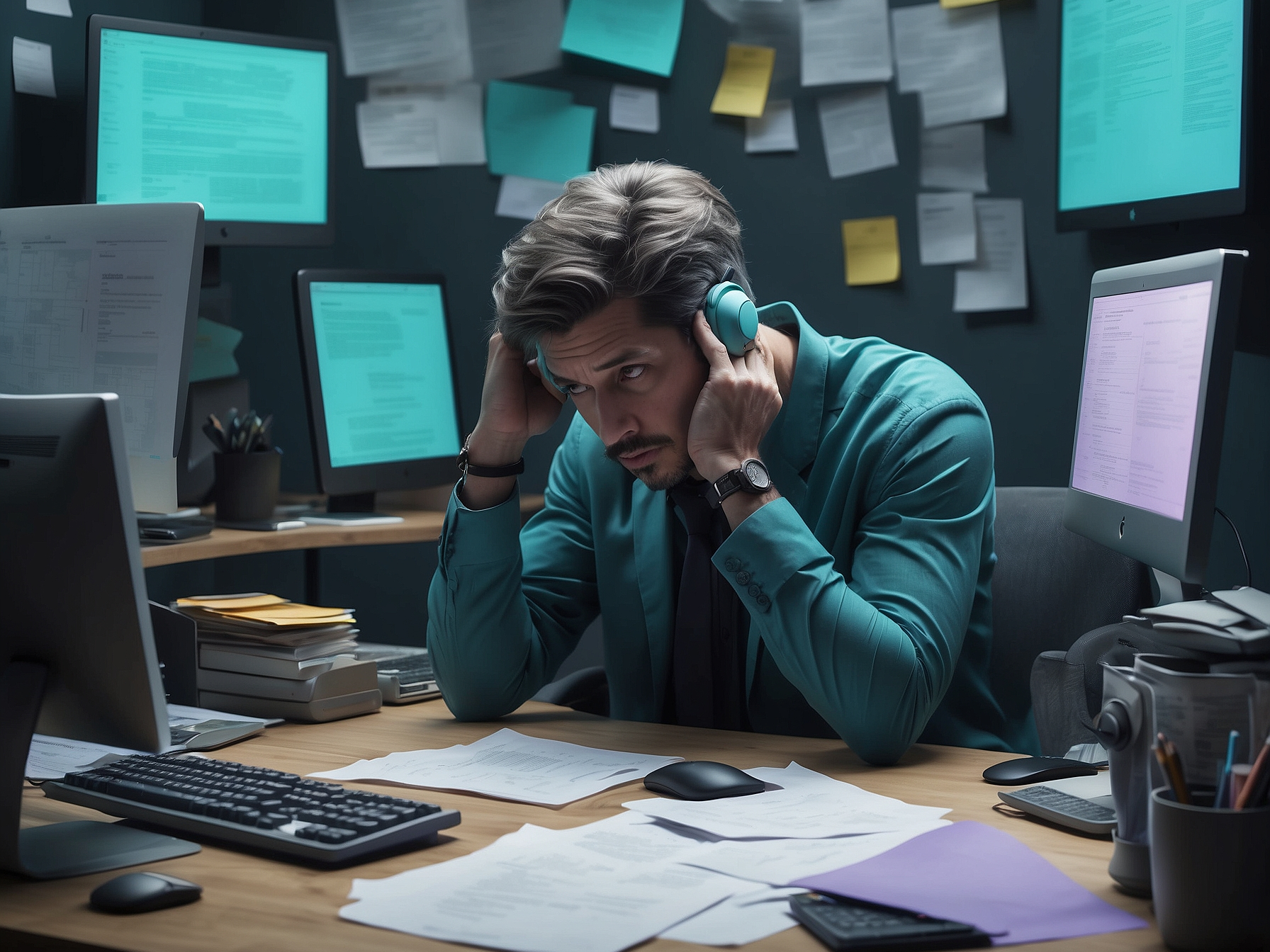 Frustrated businessman with headphones sitting at a desk surrounded by scattered papers and sticky notes