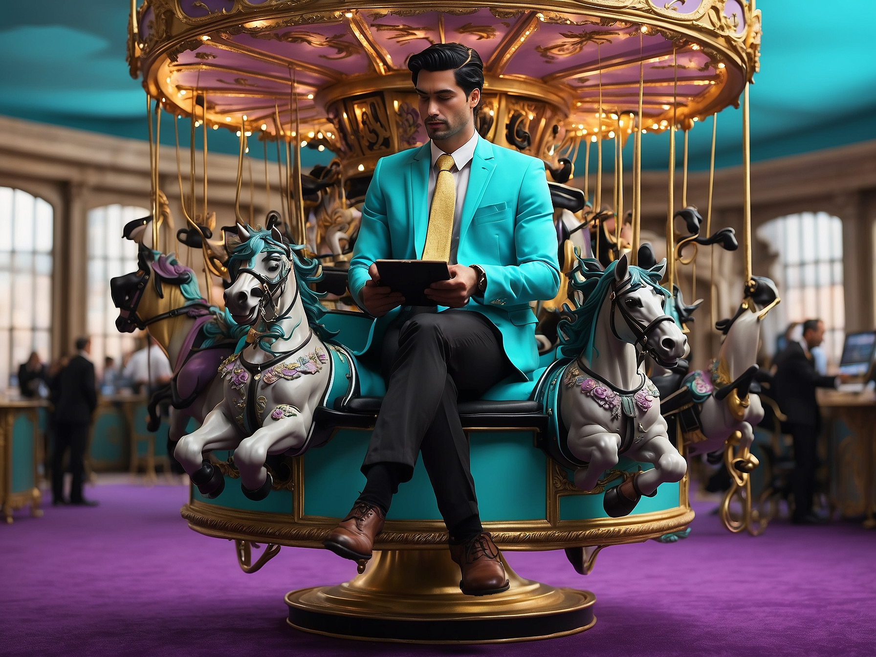 A professional man in a teal suit sitting on a carousel horse, working on a tablet, symbolizing frictional unemployment in a vibrant office setting.