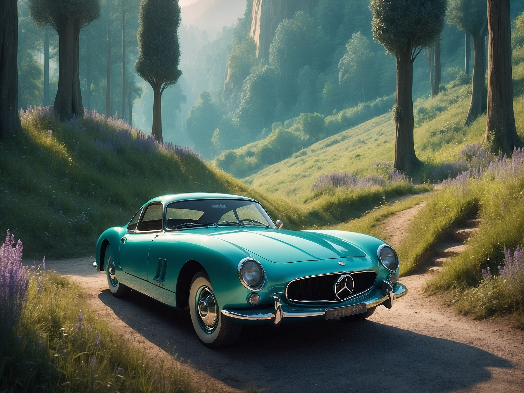 Vintage teal Mercedes-Benz on a scenic forest road