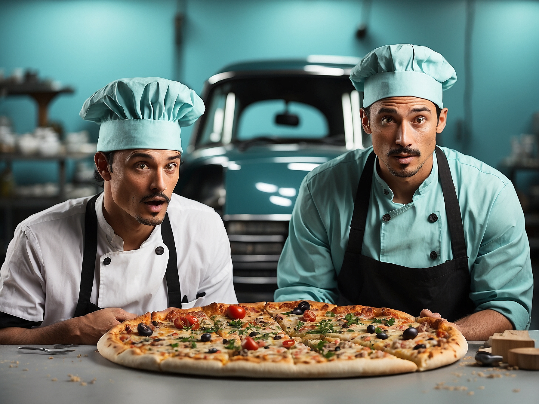 Two chefs presenting a large pizza with confident expressions in a commercial kitchen