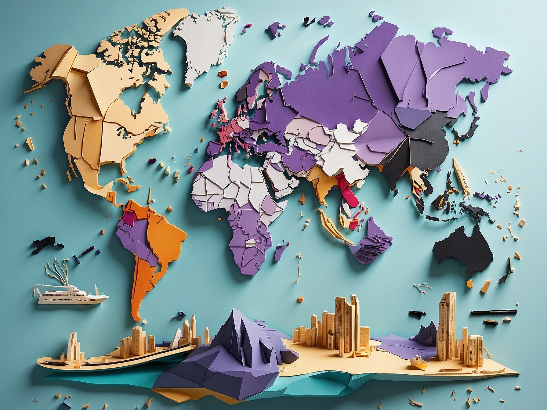 Illustrative 3D world map showcasing different countries colored distinctively with various symbolic economic elements like buildings, ships, and landmarks