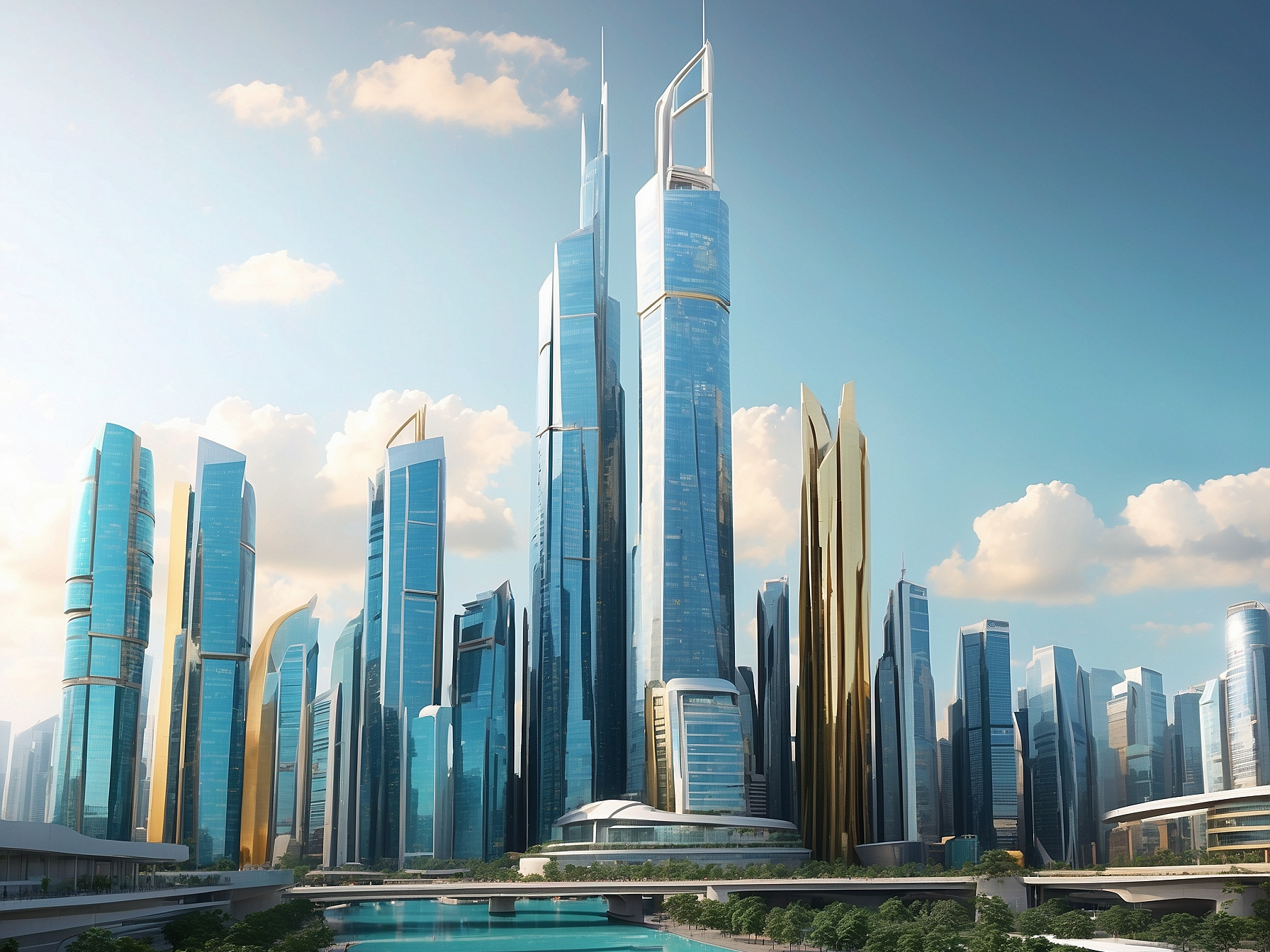 Futuristic cityscape with towering skyscrapers and a serene waterfront, illustrating economic growth through absolute advantage