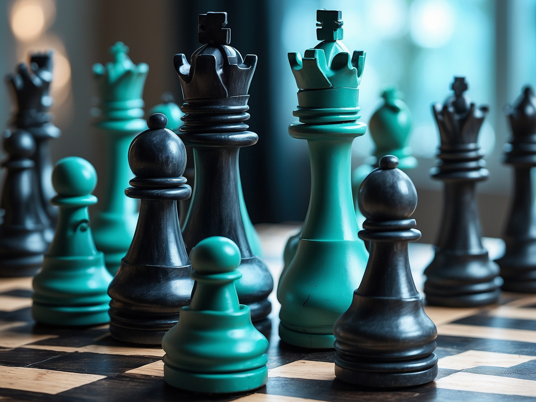 Chessboard with black and turquoise chess pieces, with a king and queen in focus symbolizing strategic dominance