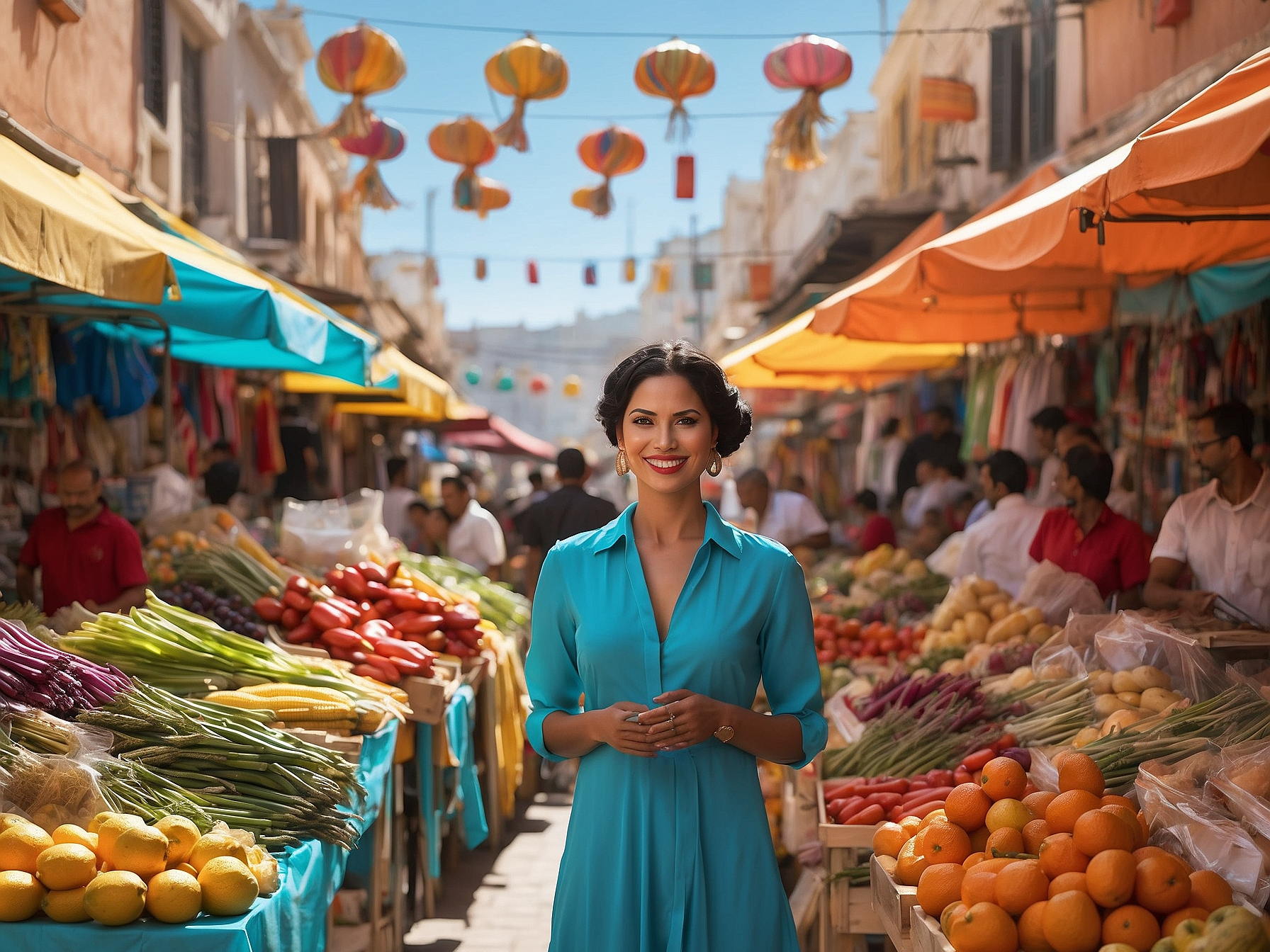 Woman in teal dress smiling at a vibrant market filled with colorful fruits and vegetables