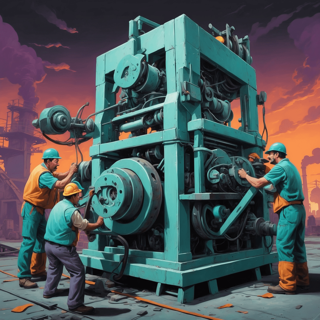 Cartoon-style illustration of workers collaboratively fixing a large industrial machine in a factory setting during the Industrial Revolution