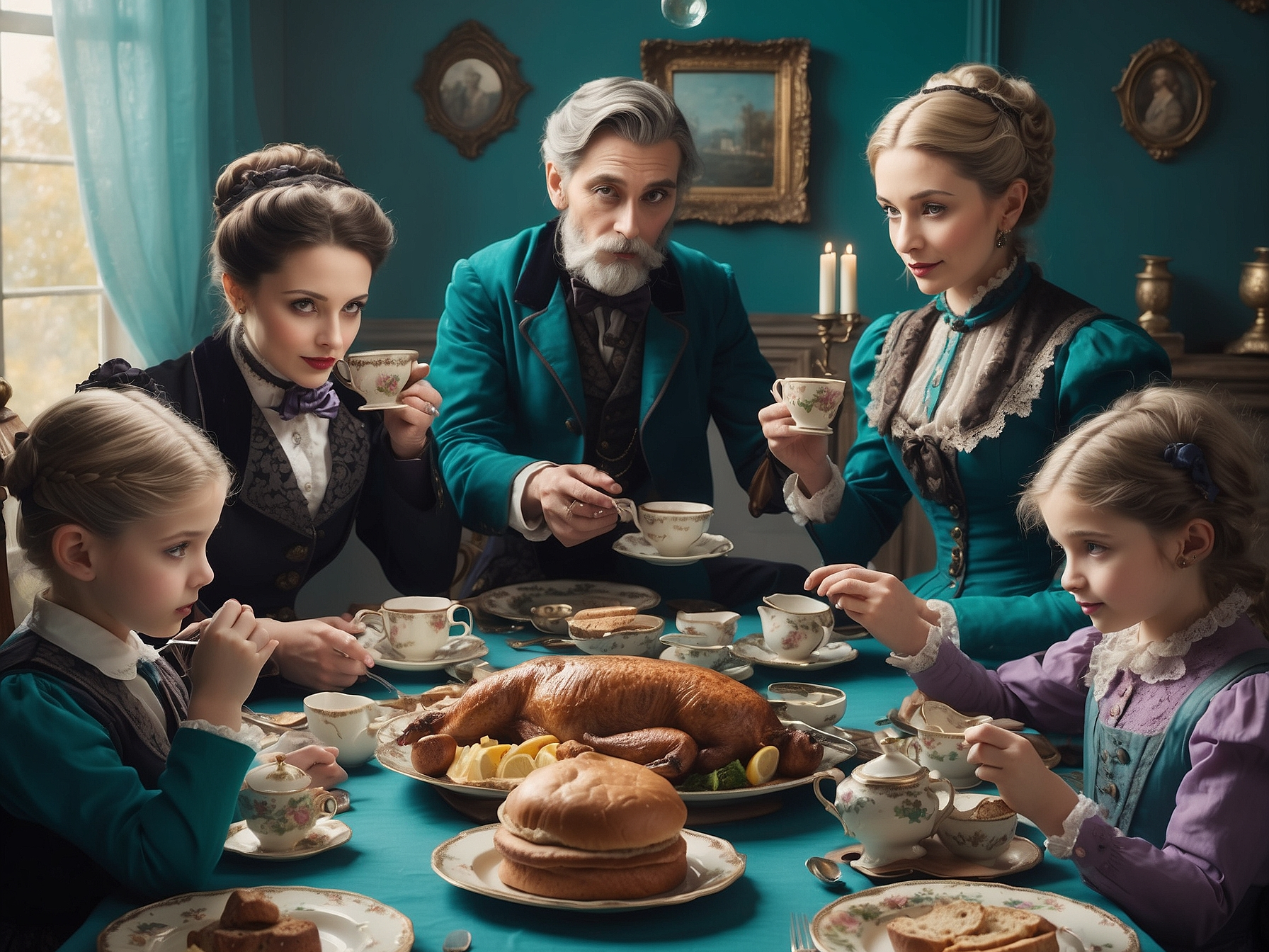 A Victorian family enjoying a lavish meal in a richly decorated dining room, symbolizing the prosperity brought by the Industrial Revolution