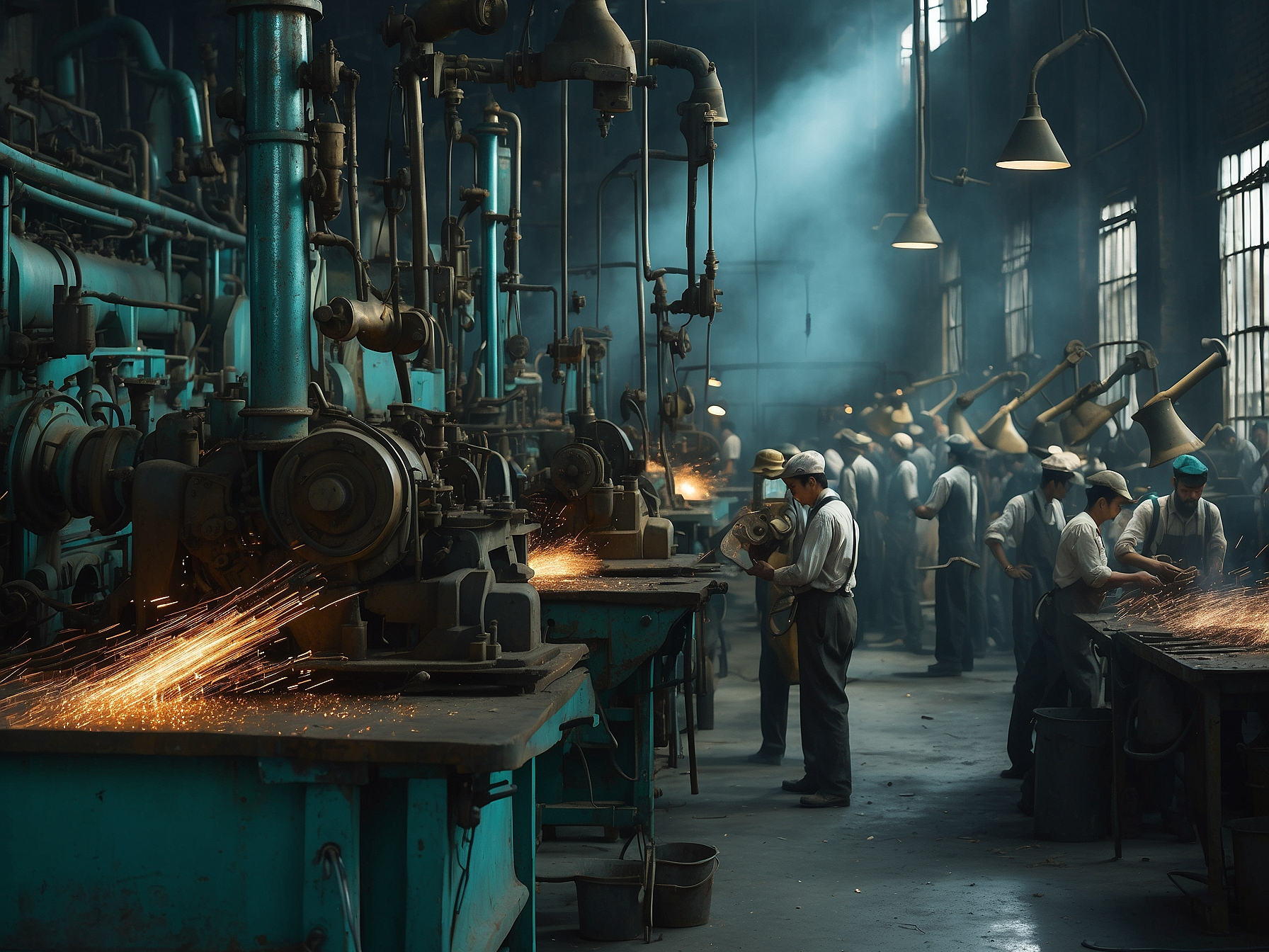 Historical image of an early industrial factory with workers operating heavy machinery highlighted by sparks and ambient lighting