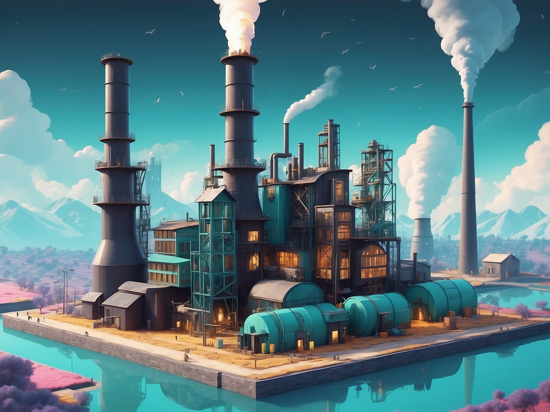 Stylized low-poly illustration of an industrial factory with smokestacks emitting smoke, set against a backdrop of mountains and a river