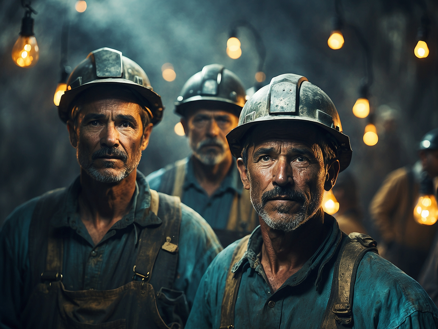 Three coal miners with lamps on their helmets in a dimly lit mine, representing the harsh working conditions during the Industrial Revolution