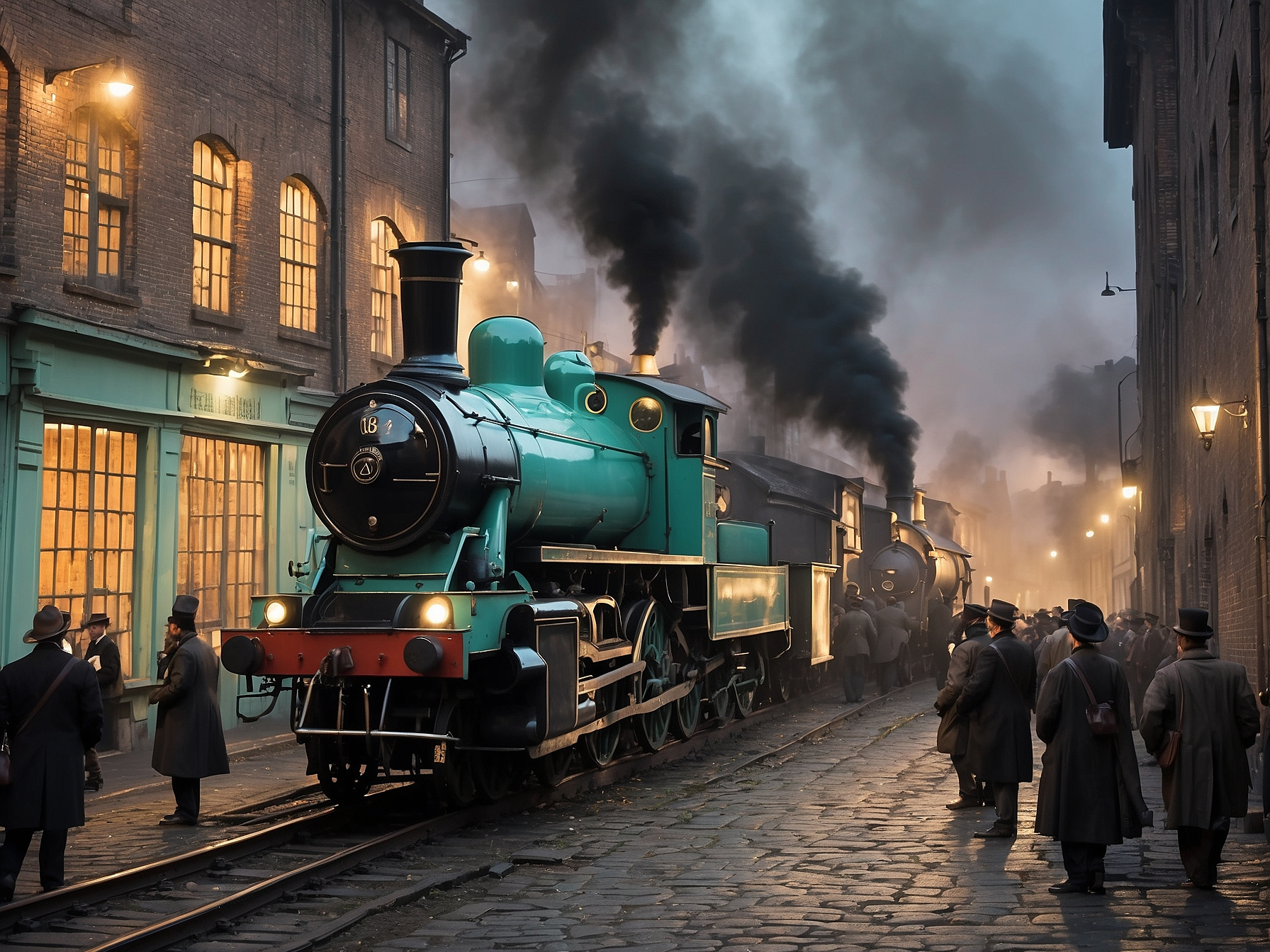 Vintage steam locomotives in an urban industrial setting with people in period clothing, symbolizing the European Industrial Revolution