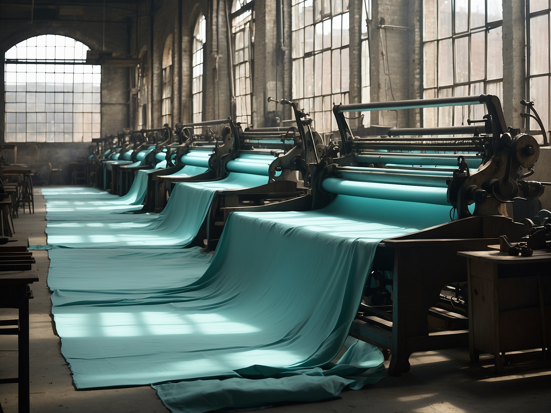 Historic textile factory with rows of machinery producing turquoise fabric