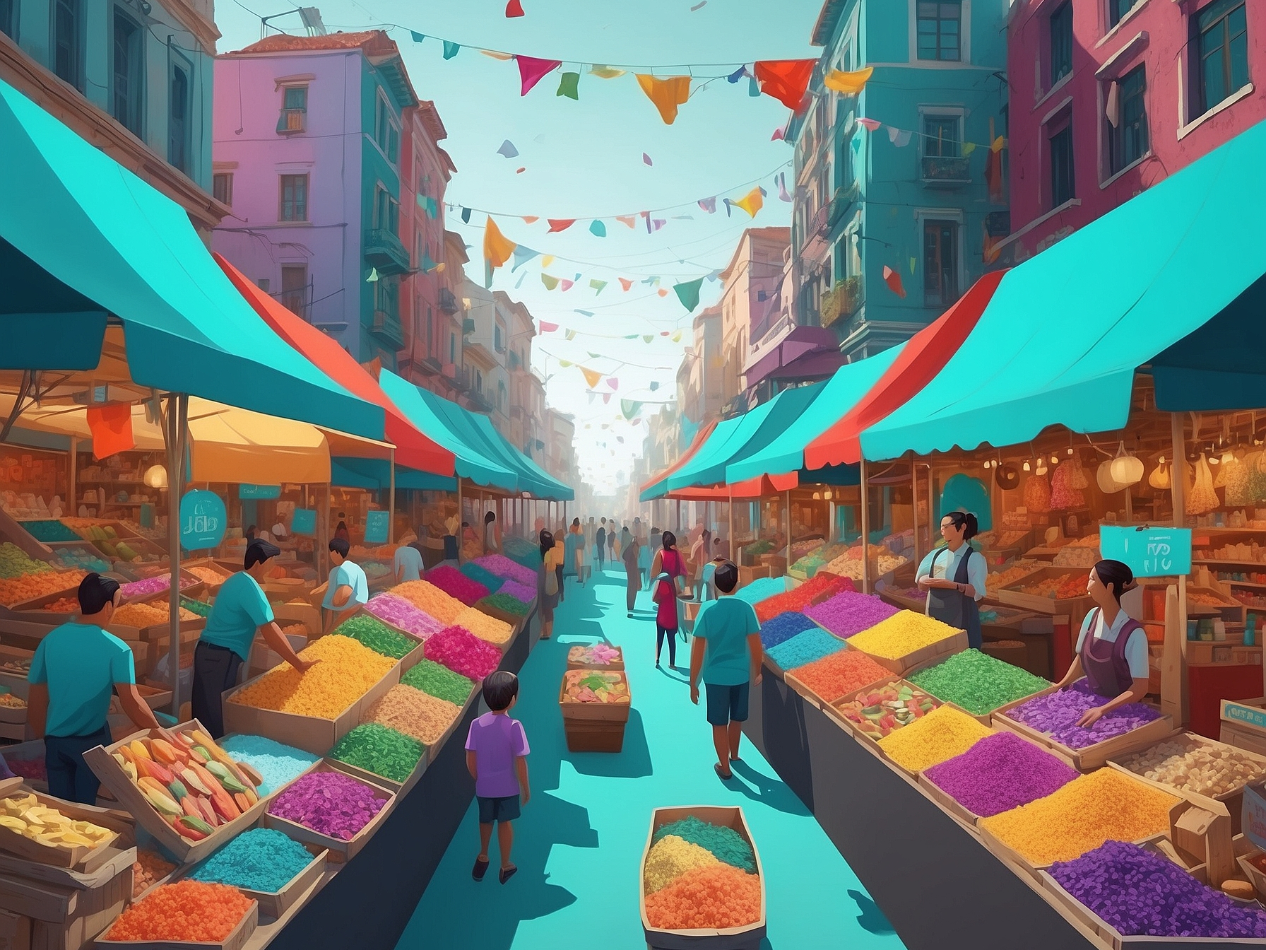 Vibrant market scene in a bustling street showcasing a variety of colorful stalls with diverse goods, reflecting a consumer-driven free enterprise system.