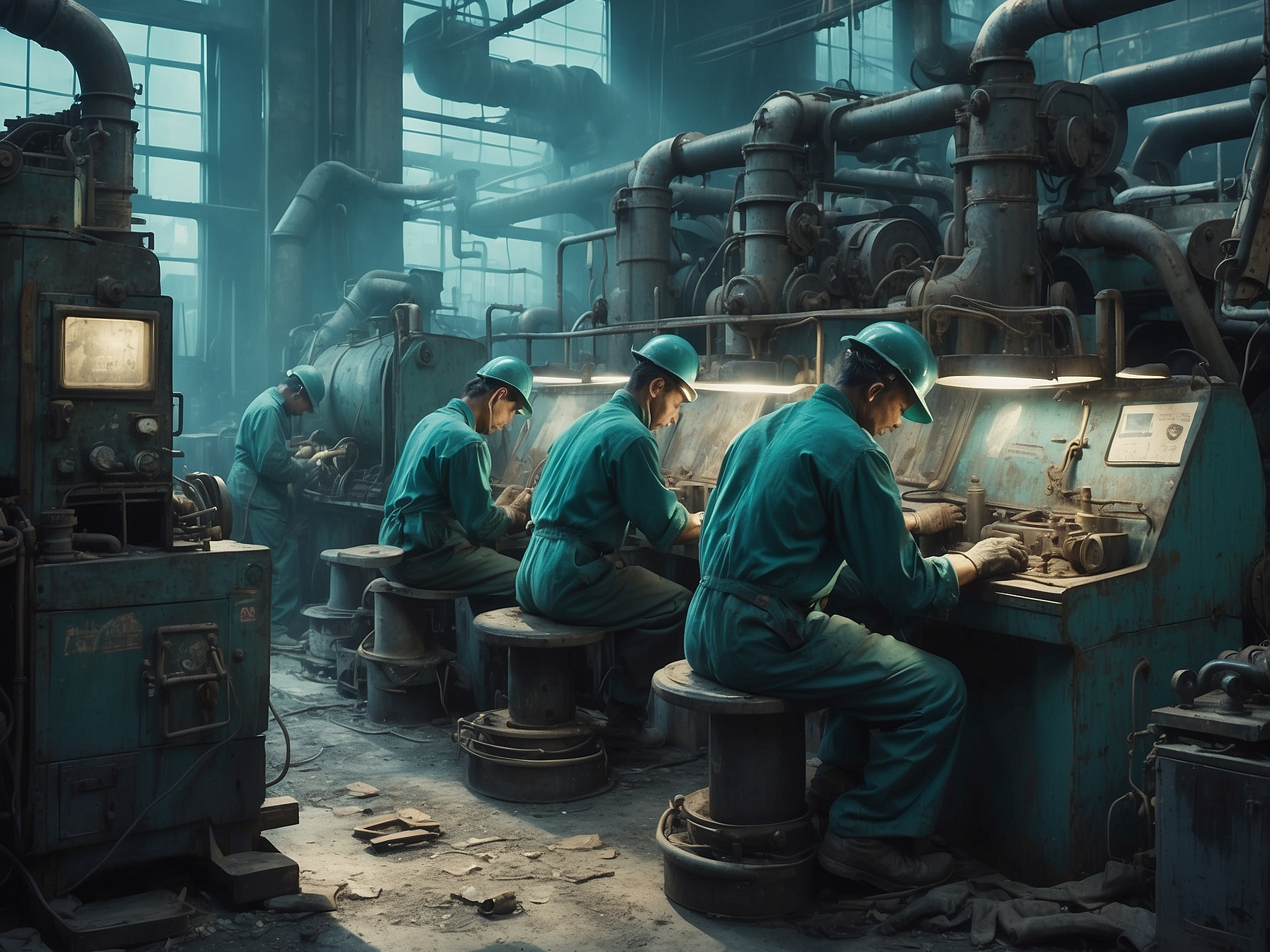 Workers in a dimly lit industrial factory focusing intently on machinery, illustrating poor working conditions in a free market economy