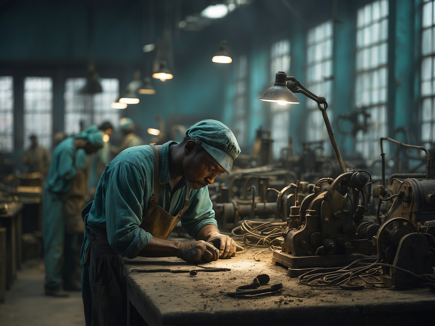 Worker in an industrial setting during the Industrial Revolution focused on machinery