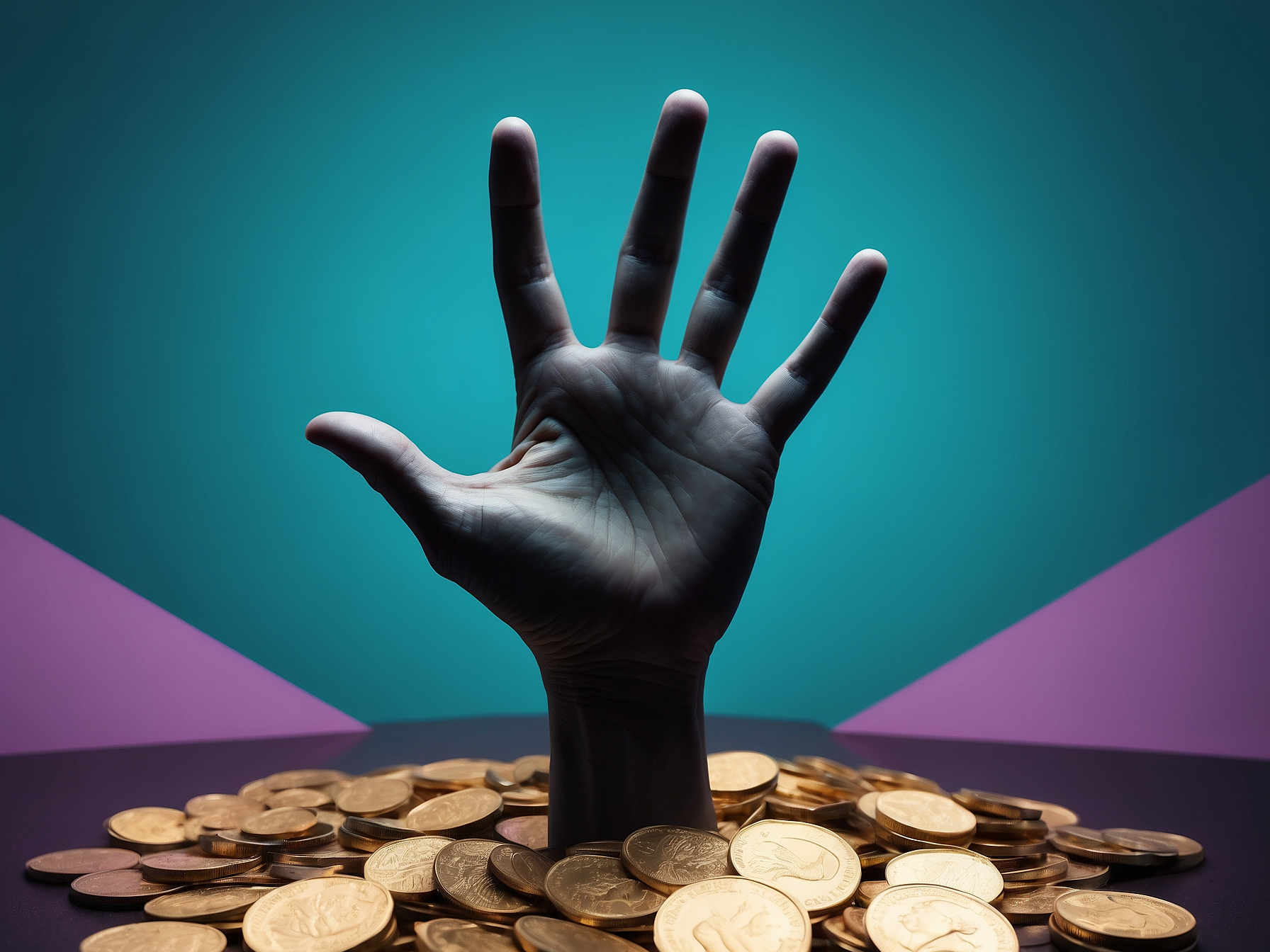 A hand reaching upwards from a pile of golden coins, set against a blended turquoise and purple backdrop