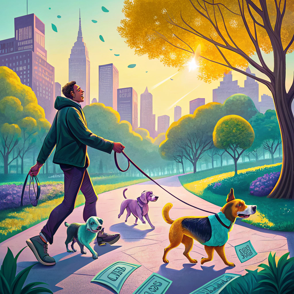 Man walking dogs in a park with money on the pathway symbolizing business liabilities in an urban setting