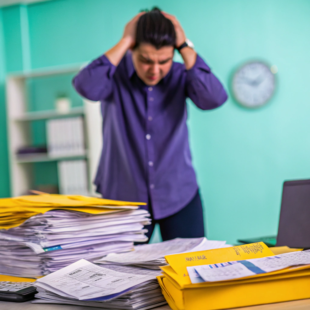 Stressed businessman with stacks of documents