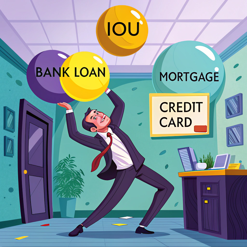 Cartoon of a businessman juggling colorful balls labeled as IOU, Bank Loan, and Mortgage, with a Credit Card sign in the background