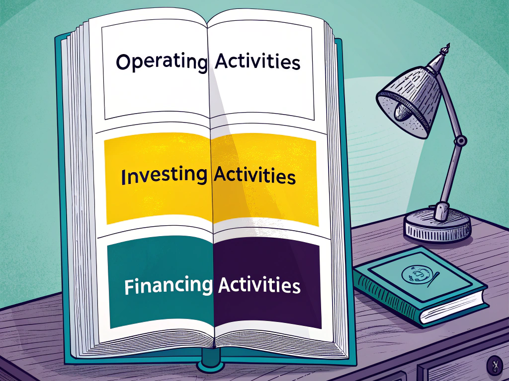 Illustration of an open book displaying sections for Operating, Investing, and Financing Activities on a desk with a lamp and notepad