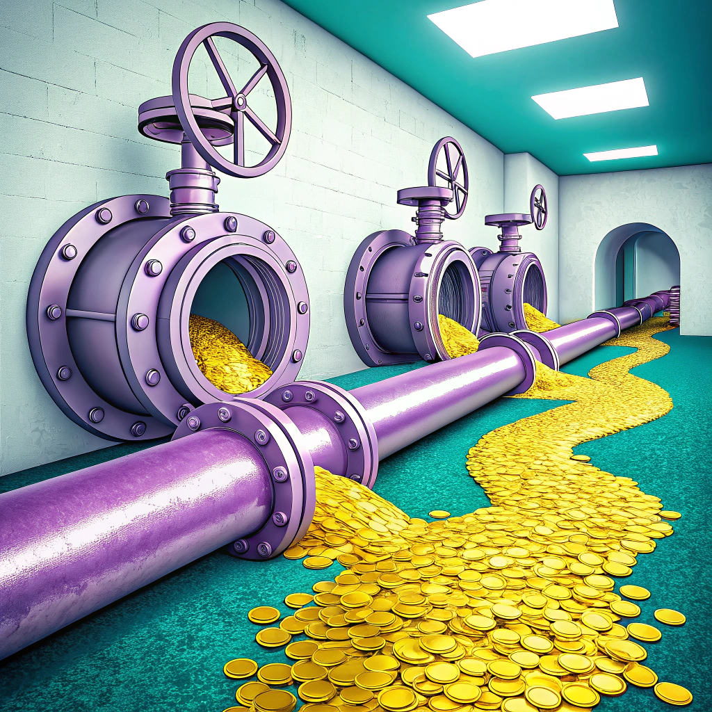 Illustration of golden coins flowing from large purple pipes in a corridor, symbolizing cash flow management