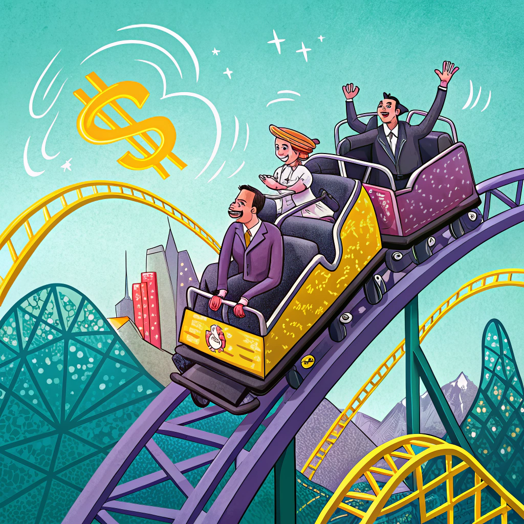 Illustration of business professionals on a roller coaster symbolizing the dynamic nature of cash flow in business operations