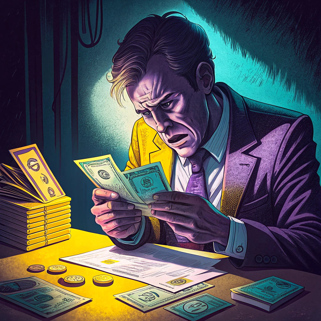 Illustration of a stressed businessman analyzing financial documents with piles of cash around him