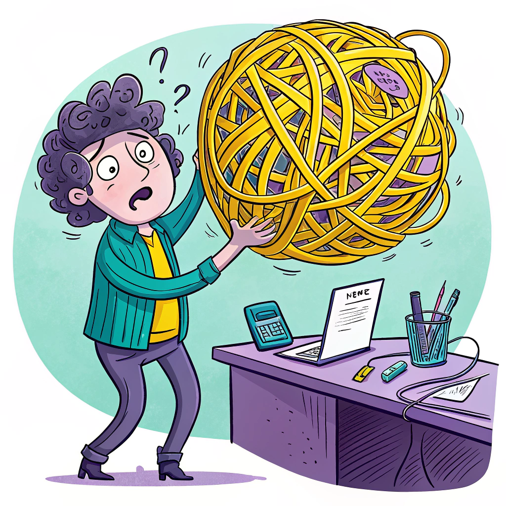 Illustration of a perplexed person holding a large tangled ball, symbolizing confusion in understanding complex rules