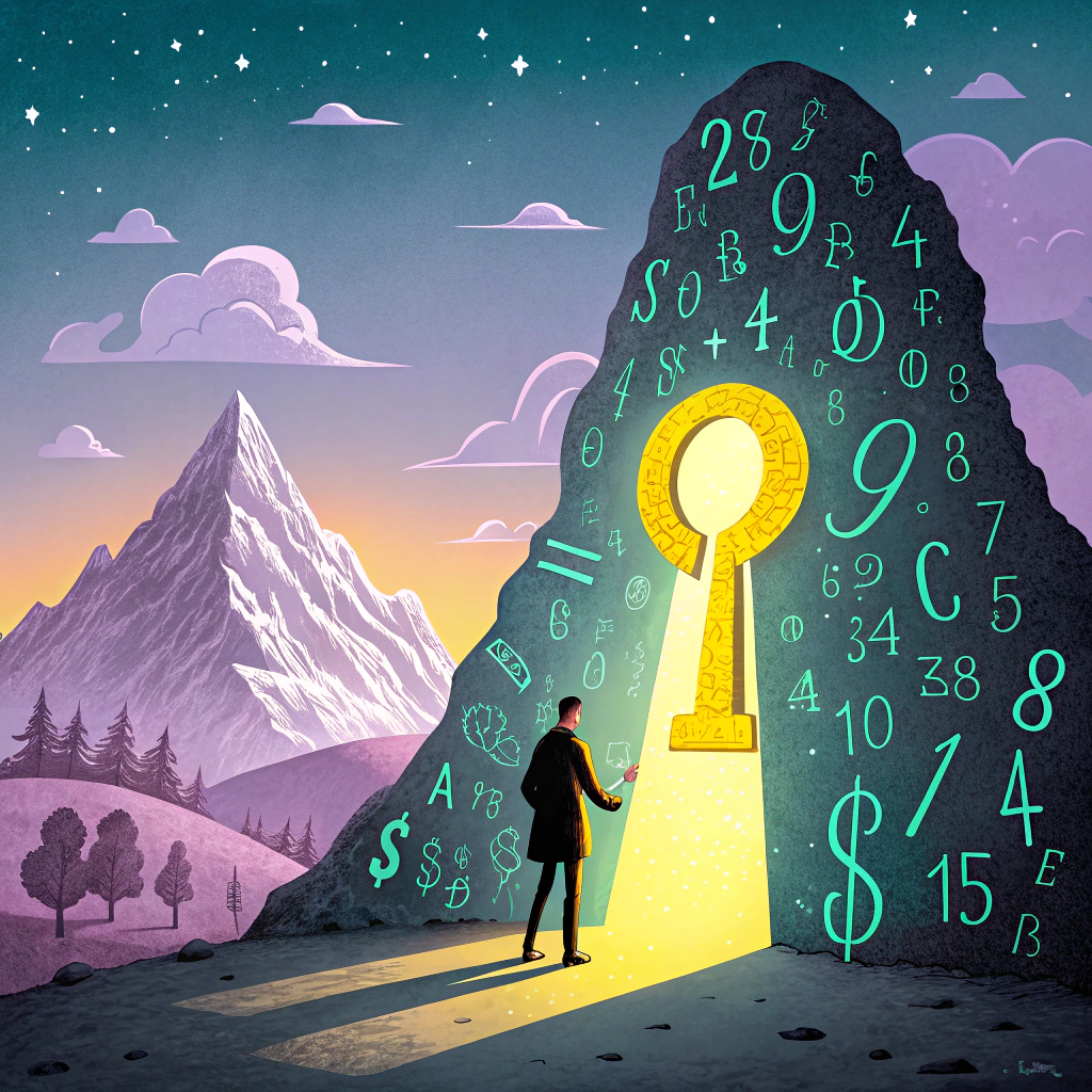 Illustration of a man standing before a large keyhole overlaid with numbers and symbols, casting a glowing light, set against a mountainous background under a starry sky