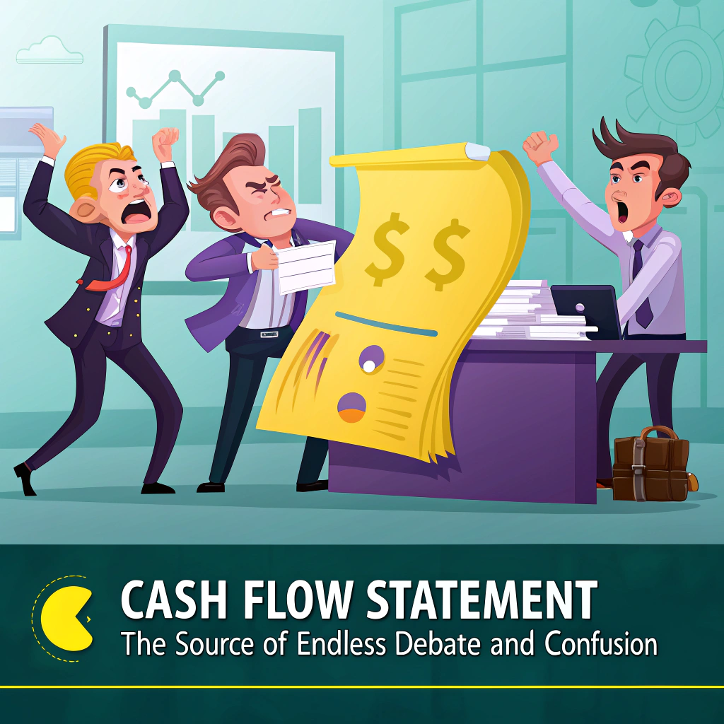 Three animated business professionals arguing around a large cash flow statement on a desk