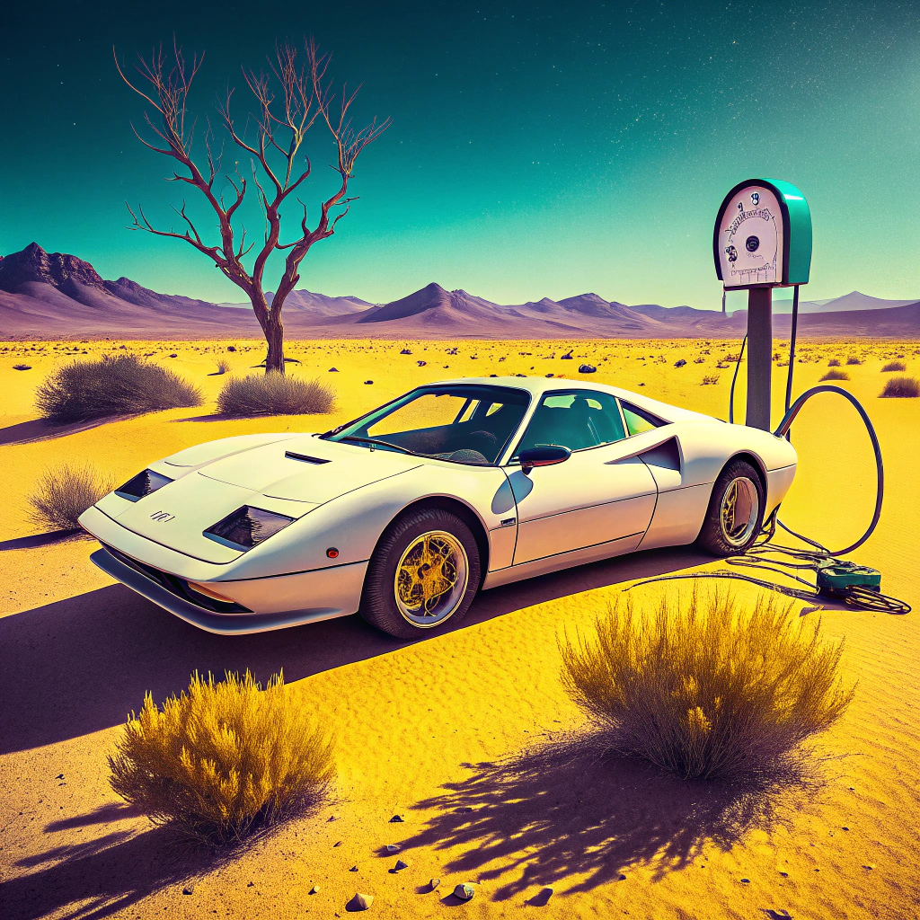 Vintage sports car charging at a futuristic desert station