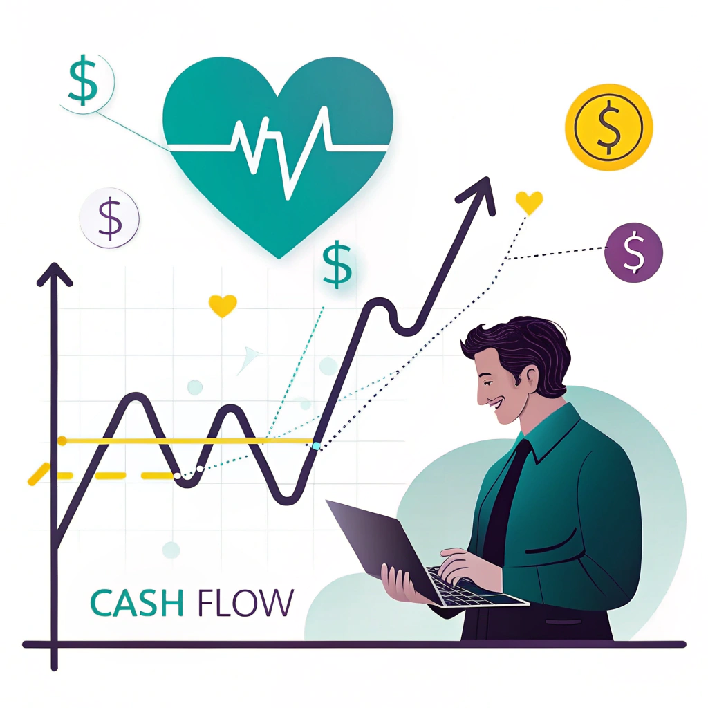 Illustration of a person analyzing cash flow data with graphs showing upward trends and a heart rate monitor symbolizing financial health