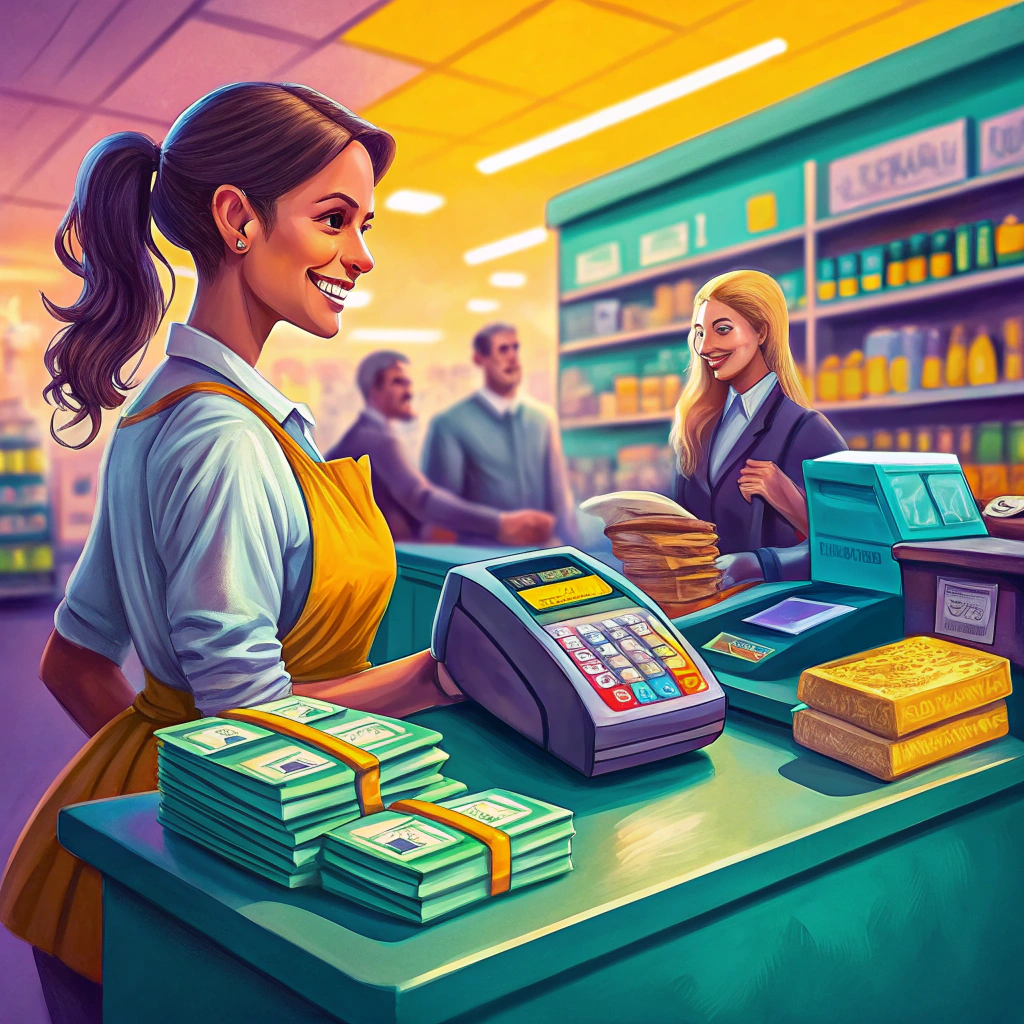 Illustration of a cashier managing cash transactions in a vibrant store