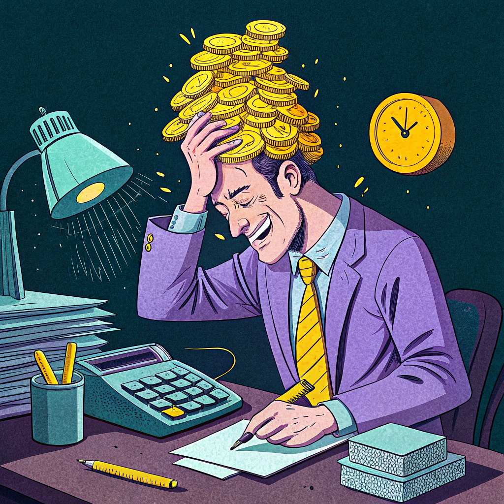 Illustration of a businessman overwhelmed by a pile of coins on his head while working at his desk under a lamp