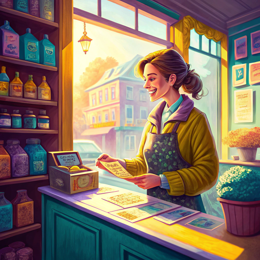 Illustration of a cheerful woman managing a vibrant small business store, surrounded by products and looking at a brochure with a smile.