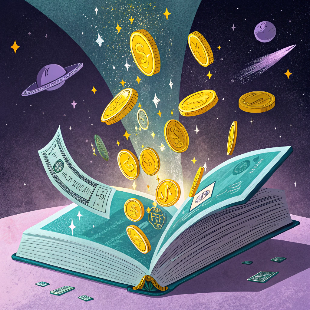 Animated image of a ledger book with coins and dollar bills floating out into a starry sky, symbolizing financial success