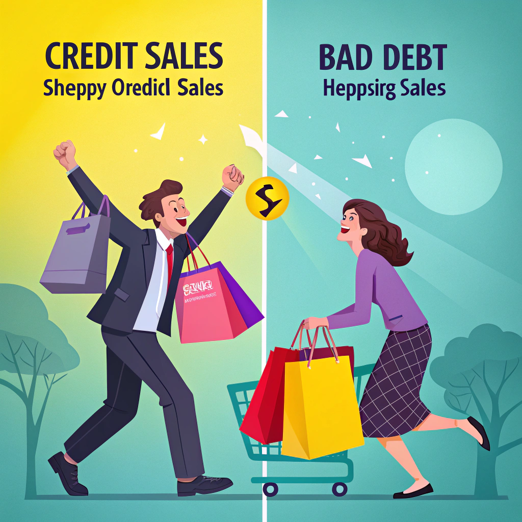 Illustration of a joyful man with shopping bags labeled Credit Sales and a worried woman with bags labeled Bad Debt