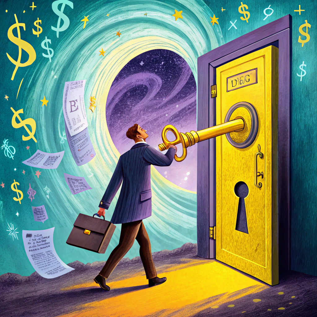 Illustration of a businessman unlocking a giant golden door with a large key, symbolizing unlocking financial potential through credit sales