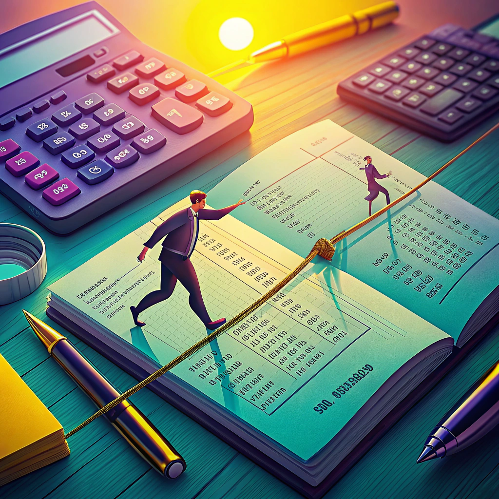 Two figurines balancing on a tightrope over a financial ledger with calculators and pens around