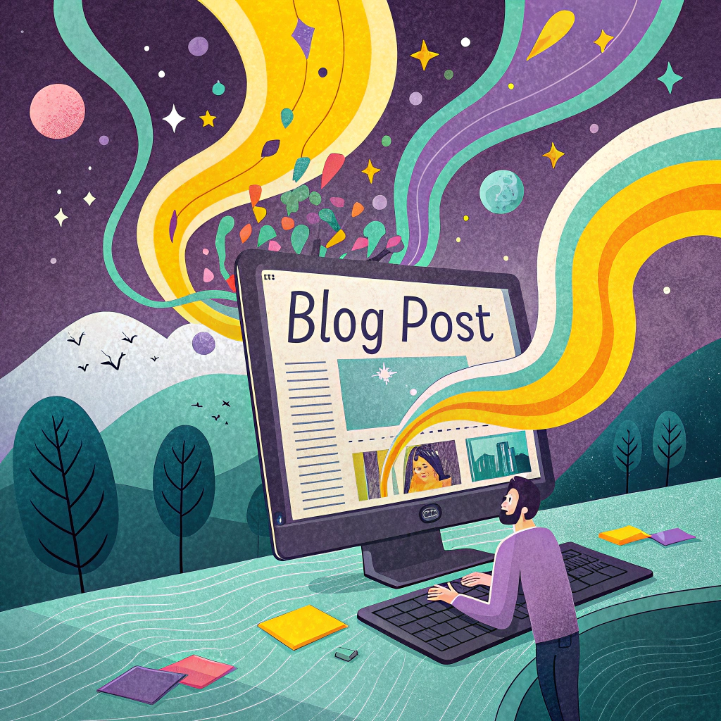 Illustration of a man at a computer writing a blog post with creative elements like stars and swirls emerging from the screen, set in a stylized outdoor setting