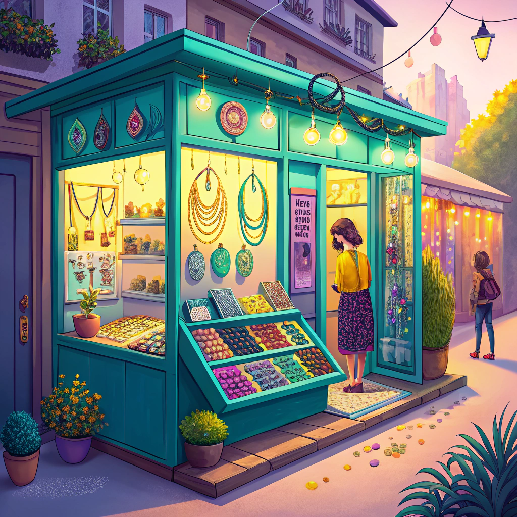 A vibrant illustration of a woman browsing a colorful jewelry kiosk at dusk, illuminated by string lights