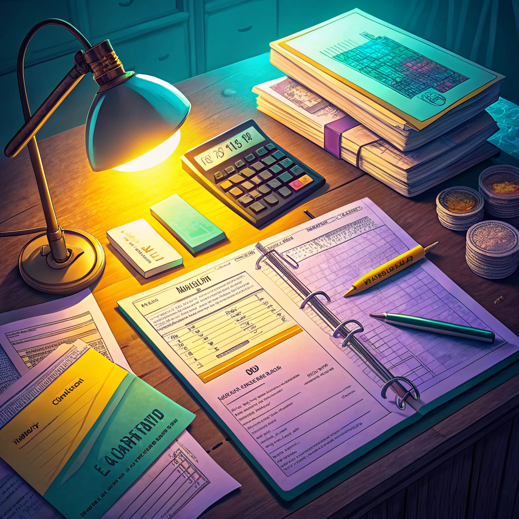 Illustration of a well-organized financial journal on a desk, complete with accounting books, calculator, and documents.