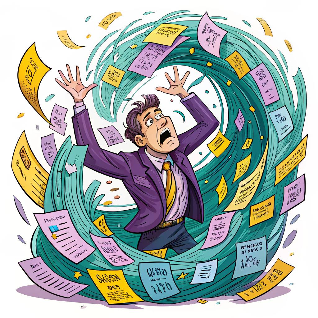 Illustration of a man overwhelmed by a whirlwind of financial documents