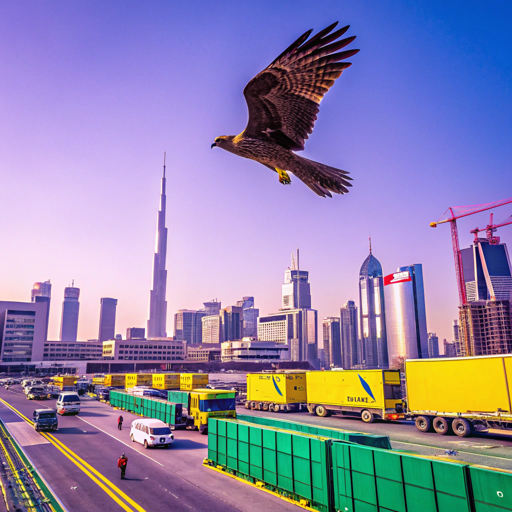 Eagle flying above urban landscape with skyscrapers and logistics trucks