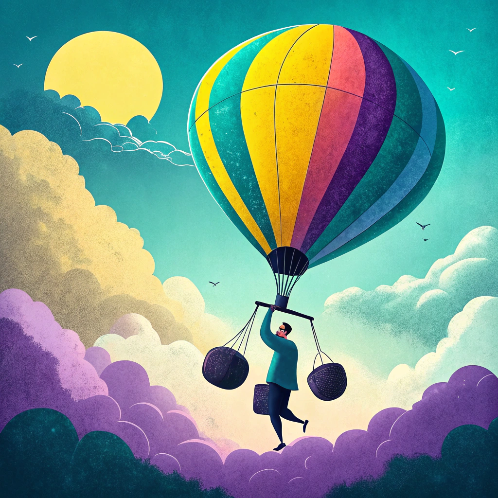 Stylized illustration of a person balancing on a tightrope while holding a colorful hot air balloon with weights