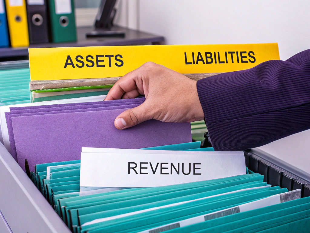 A person organizing financial folders labeled Assets, Liabilities, and Revenue in a file drawer