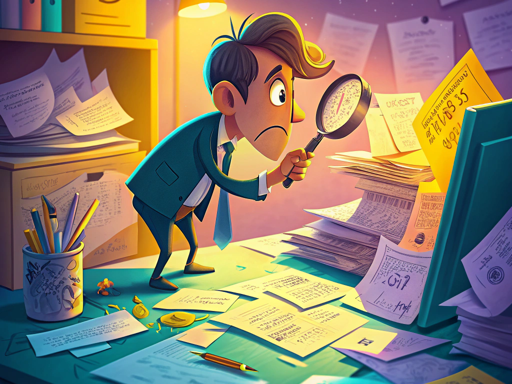 Illustration of a man examining stacks of paperwork with a magnifying glass